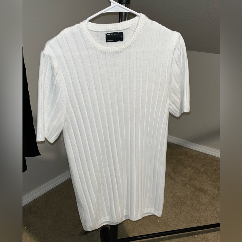 ASOS DESIGN knitted muscle fit ribbed t-shirt in white